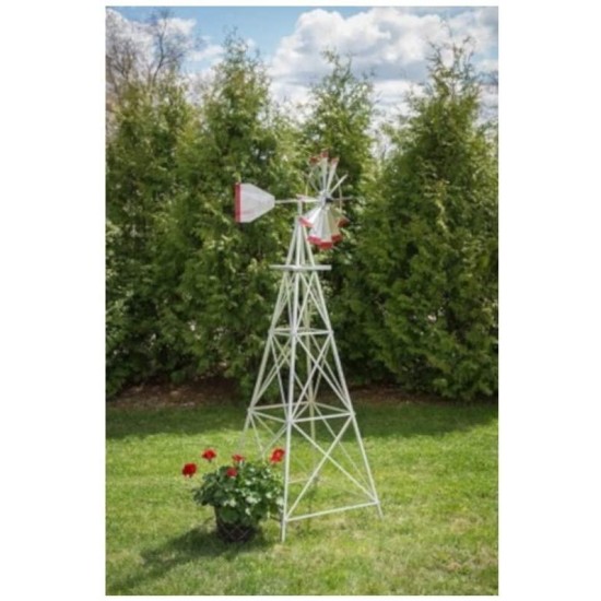 8 Ft Premium Aluminum Decorative Garden Windmill- Red Trim