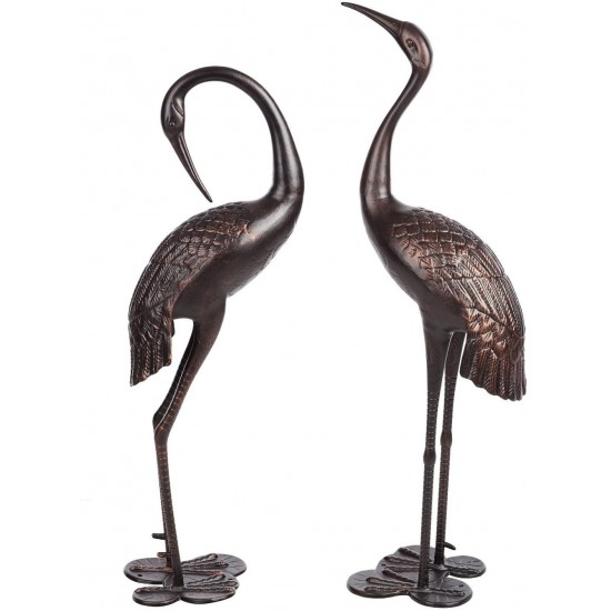 Metal Cranes for Yard Garden Sculpture Pair Statue - Upright and Preening Standing Crane Heron Couple Sculpture Set, Bronze Color